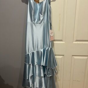 Light Blue Straps with Bows Mermaid Satin Tiered Long Bridesmaids Dress